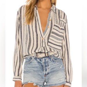 We The Free Summer Breeze Stripe Button oversized linen blend blouse size small